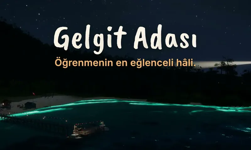 Gelgit Adası title card over the island harbour at night
