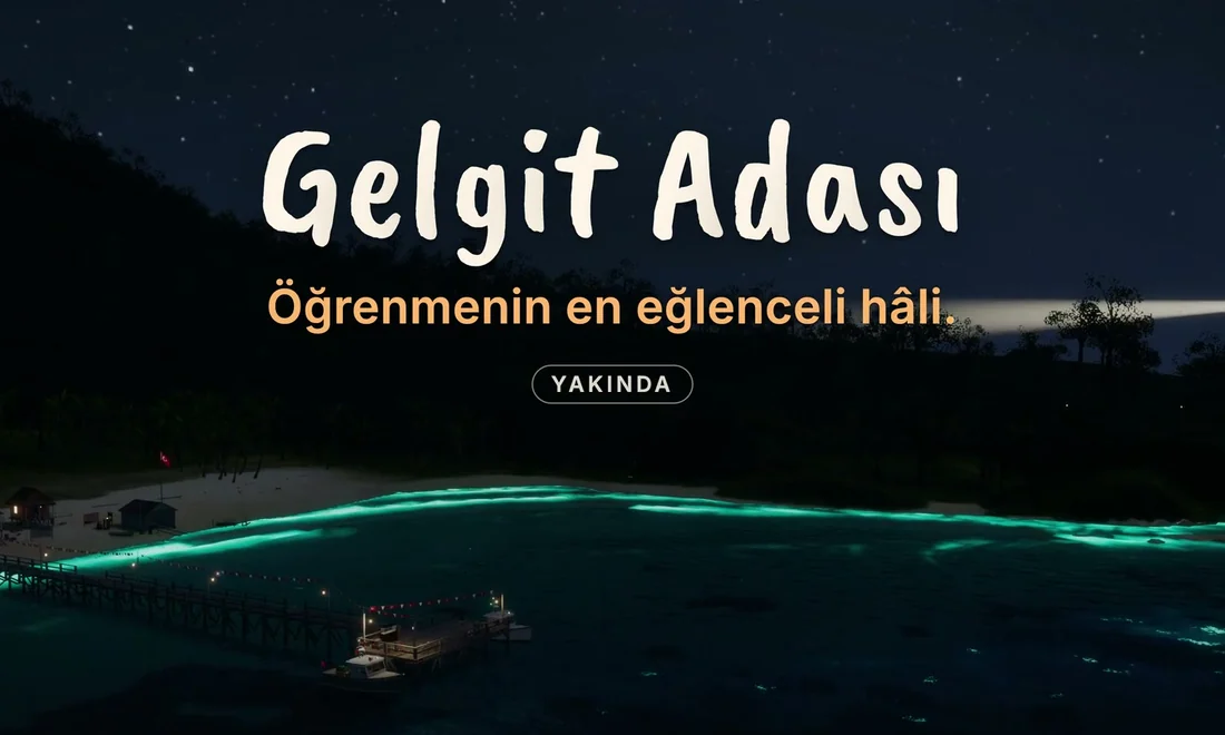 Gelgit Adası title card over the island harbour at night