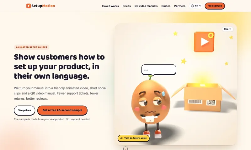 The setupmotion.com home page, with its 3D host Tater beside an open delivery box